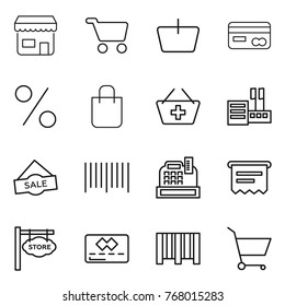 Thin line icon set : shop, cart, basket, card, percent, shopping bag, add to, store, sale, bar code, cashbox, atm receipt, signboard, credit