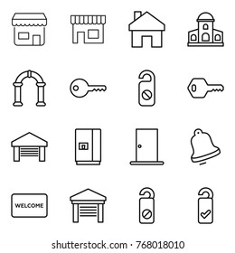 Thin line icon set : shop, home, mansion, arch, key, do not distrub, garage, fridge, door, bell, welcome mat, please clean