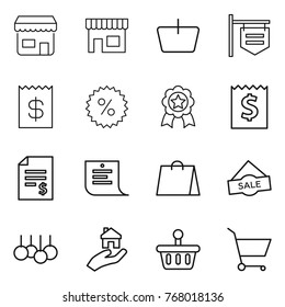 Thin line icon set : shop, basket, signboard, receipt, percent, medal, account balance, shopping list, bag, sale, real estate, cart