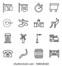 Thin line icon set : shop signboard, stopwatch, delivery, cell corection, journey, castle, greate wall, building, windmill, outdoor light, train, phone, sickle, barrel, farm fence