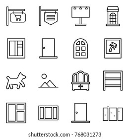 Thin line icon set : shop signboard, billboard, building, window, door, arch, photo, dog, landscape, dresser, rack, clean