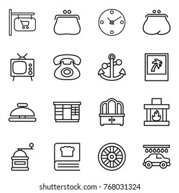 Thin line icon set : shop signboard, purse, clock, tv, phone, anchor, photo, service bell, wardrobe, dresser, fireplace, hand mill, cooking book, wheel, car wash