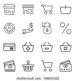 Thin line icon set : shop, cart, basket, target audience, investment, money gift, percent, credit card, add to, remove from, delete