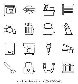 Thin line icon set : shop signboard, ufo, customs control, rack, water tap, radiator, toaster, stands for knives, kitchen scales, handle, garlic clasp, big fork, horseshoe, grain elevator