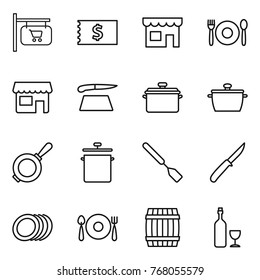 Thin line icon set : shop signboard, receipt, cafe, cutting board, pan, spatula, knife, plates, fork spoon plate, barrel, wine