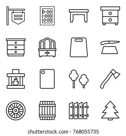 Thin line icon set : shop signboard, abacus, table, nightstand, chest of drawers, dresser, cutting board, fireplace, trees, axe, wheel, barrel, fence, spruce
