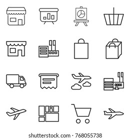 Thin line icon set : shop, presentation, basket, store, shopping bag, delivery, atm receipt, journey, mall, plane, consolidated cargo, cart