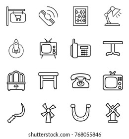 Thin line icon set : shop signboard, call, abacus, table lamp, rocket, tv, phone, dresser, stool, sickle, windmill, horseshoe