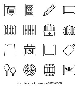 Thin line icon set : shop signboard, abacus, pencil, fence, pallet, dresser, cutting board, fireplace, trees, wheel, barrel, farm