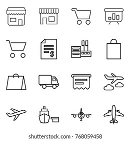 Thin line icon set : shop, cart, presentation, account balance, store, shopping bag, delivery, atm receipt, journey, plane, port, airplane