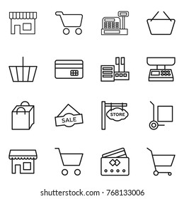 Thin line icon set : shop, cart, cashbox, basket, credit card, store, market scales, shopping bag, sale, signboard, cargo stoller