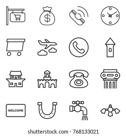 Thin line icon set : shop signboard, money bag, call, clock, delivery, journey, phone, tower, japanese house, fort, antique column, welcome mat, horseshoe, water tap, hard reach place cleaning