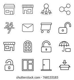 Thin line icon set : shop, share, 24 7, mail, delivery, unlock, arch window, insurance, unlocked, door, package