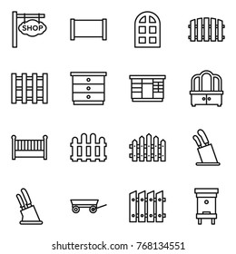 Thin line icon set : shop signboard, fence, arch window, pallet, chest of drawers, wardrobe, dresser, crib, stands for knives, knife holder, trailer, hive