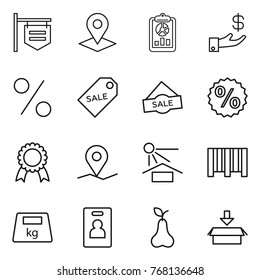Thin line icon set : shop signboard, pointer, report, investment, percent, sale label, medal, geo pin, sun potection, bar code, heavy, identity card, pear, package