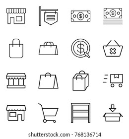 Thin line icon set : shop, signboard, money, shopping bag, dollar arrow, delete cart, market, fast deliver, rack, package