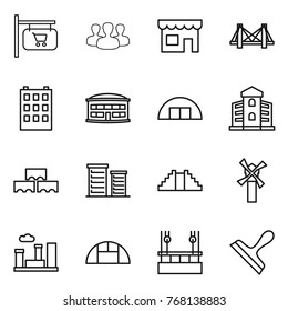 Thin line icon set : shop signboard, group, bridge, building, airport, hangare, block wall, district, pyramid, windmill, city, greenhouse, skysrcapers cleaning, scraper