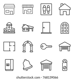 Thin line icon set : shop, wc, home, mansion, house with garage, door, arch window, plan, key, fridge, bell, do not distrub