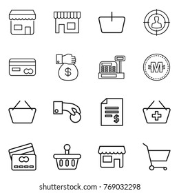 Thin line icon set : shop, basket, target audience, card, money gift, cashbox, crypto currency, hand coin, account balance, add to, credit, cart