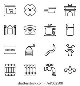 Thin line icon set : shop signboard, clock, delivery, arch, minaret, phone, tv, fridge, welcome mat, hand mill, sickle, windmill, barrel, fence, water tap, hard reach place cleaning