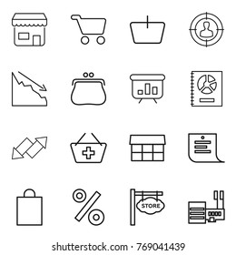 Thin line icon set : shop, cart, basket, target audience, crisis, purse, presentation, annual report, up down arrow, add to, market, shopping list, bag, percent, store signboard, mall