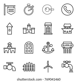 Thin line icon set : shop signboard, stopwatch, cell corection, phone, tower, castle, building, japanese house, fort, arch window, anchor, antique column, water tap, fence, windmill