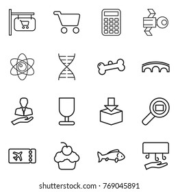 Thin line icon set : shop signboard, cart, calculator, satellite, atom, dna, bone, bridge, client, fragile, package, cargo search, ticket, cupcake, fish, hand dryer