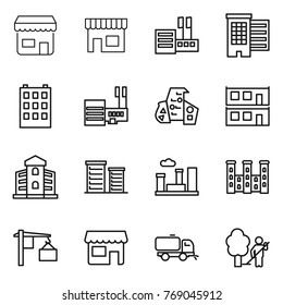 Thin line icon set : shop, store, houses, building, mall, modern architecture, modular house, district, city, palace, loading, sweeper, garden cleaning