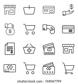 Thin line icon set : shop, basket, card, investment, money gift, cart, hand coin, credit, account balance, add to