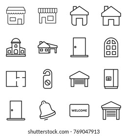 Thin line icon set : shop, home, mansion, house with garage, door, arch window, plan, do not distrub, fridge, bell, welcome mat