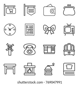 Thin line icon set : shop signboard, wallet, purse, clock, abacus, bow, tv, windmill, phone, wardrobe, dresser, stool, fireplace, hand mill, cooking book