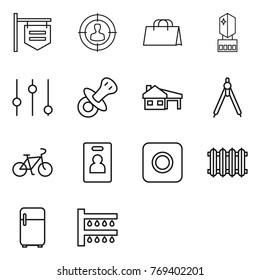 Thin line icon set : shop signboard, target audience, shopping bag, crystall memory, equalizer, nipple, house with garage, drawing compasses, bike, identity card, ring button, radiator, fridge