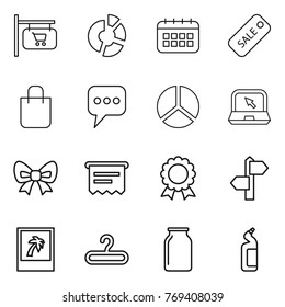 Thin line icon set : shop signboard, circle diagram, calendar, sale, shopping bag, message, notebook, bow, atm receipt, medal, signpost, photo, hanger, bank, toilet cleanser