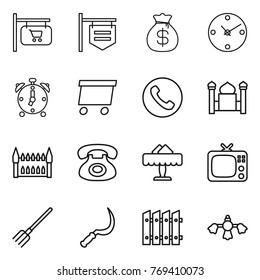 Thin line icon set : shop signboard, money bag, clock, alarm, delivery, phone, minaret, gothic architecture, restaurant, tv, fork, sickle, fence, hard reach place cleaning
