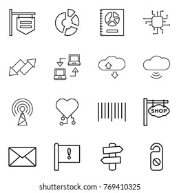 Thin line icon set : shop signboard, circle diagram, annual report, chip, up down arrow, notebook connect, cloude service, cloud wireless, antenna, cardio, bar code, mail, important flag, signpost