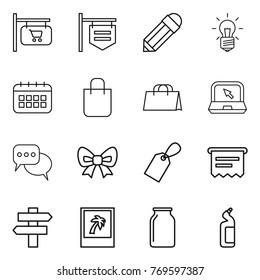 Thin line icon set : shop signboard, pencil, bulb, calendar, shopping bag, notebook, discussion, bow, label, atm receipt, singlepost, photo, bank, toilet cleanser