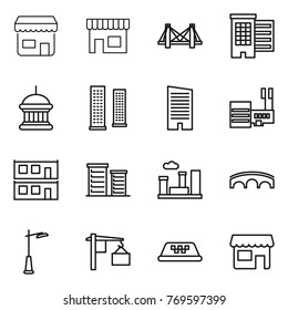 Thin line icon set : shop, bridge, houses, goverment house, skyscrapers, skyscraper, mall, modular, district, city, outdoor light, loading, taxi