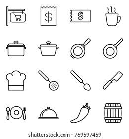 Thin line icon set : shop signboard, receipt, hot drink, pan, cook hat, skimmer, big spoon, chef knife, fork plate, meal cap, pepper, barrel