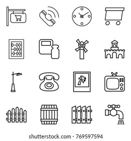 Thin line icon set : shop signboard, call, clock, delivery, abacus, scales weight, windmill, fort, outdoor light, phone, photo, tv, fence, barrel, water tap