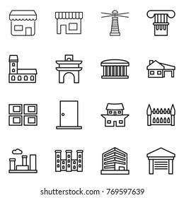 Thin line icon set : shop, lighthouse, column, mansion, arch, airport building, house with garage, panel, door, japanese, gothic architecture, city, palace, office