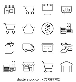 Thin line icon set : shop, cart, billboard, presentation, basket, dollar coin, store, shopping bag, delivery, atm receipt, journey, mall, garage