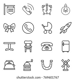 Thin line icon set : shop signboard, call, alarm clock, rocket, bow, phone, baby stroller, table, chair, fridge, kettle, hand mill, horseshoe, windmill