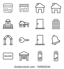 Thin line icon set : shop, home, mansion, house with garage, door, arch window, key, bell, welcome mat, do not distrub, please clean