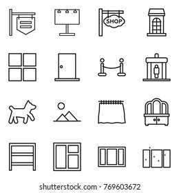 Thin line icon set : shop signboard, billboard, building, window, door, vip fence, detector, dog, landscape, curtain, dresser, rack, clean