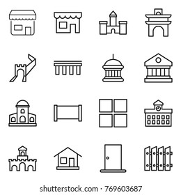 Thin line icon set : shop, castle, arch, greate wall, bridge, goverment house, library, mansion, fence, window, university, fort, home, door