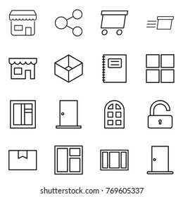 Thin line icon set : shop, share, delivery, box, copybook, window, door, arch, unlock, package