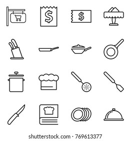 Thin line icon set : shop signboard, receipt, restaurant, stands for knives, pan, chief hat, skimmer, spatula, knife, cooking book, plates, meal cap