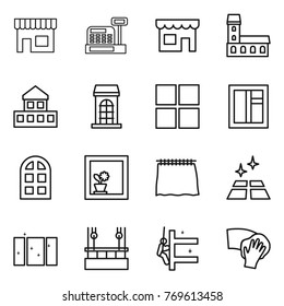 Thin line icon set : shop, cashbox, mansion, cottage, building, window, arch, flower in, curtain, clean floor, skysrcapers cleaning, skyscrapers, wiping