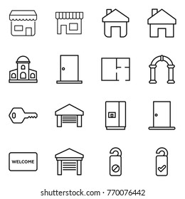Thin line icon set : shop, home, mansion, door, plan, arch, key, garage, fridge, welcome mat, do not distrub, please clean