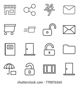 Thin line icon set : shop, share, 24 7, mail, delivery, unlock, copybook, door, documents, unlocked, window